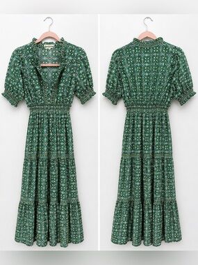 Max Studio Green Floral Boho Midi Dress Size Small Smocked Waist